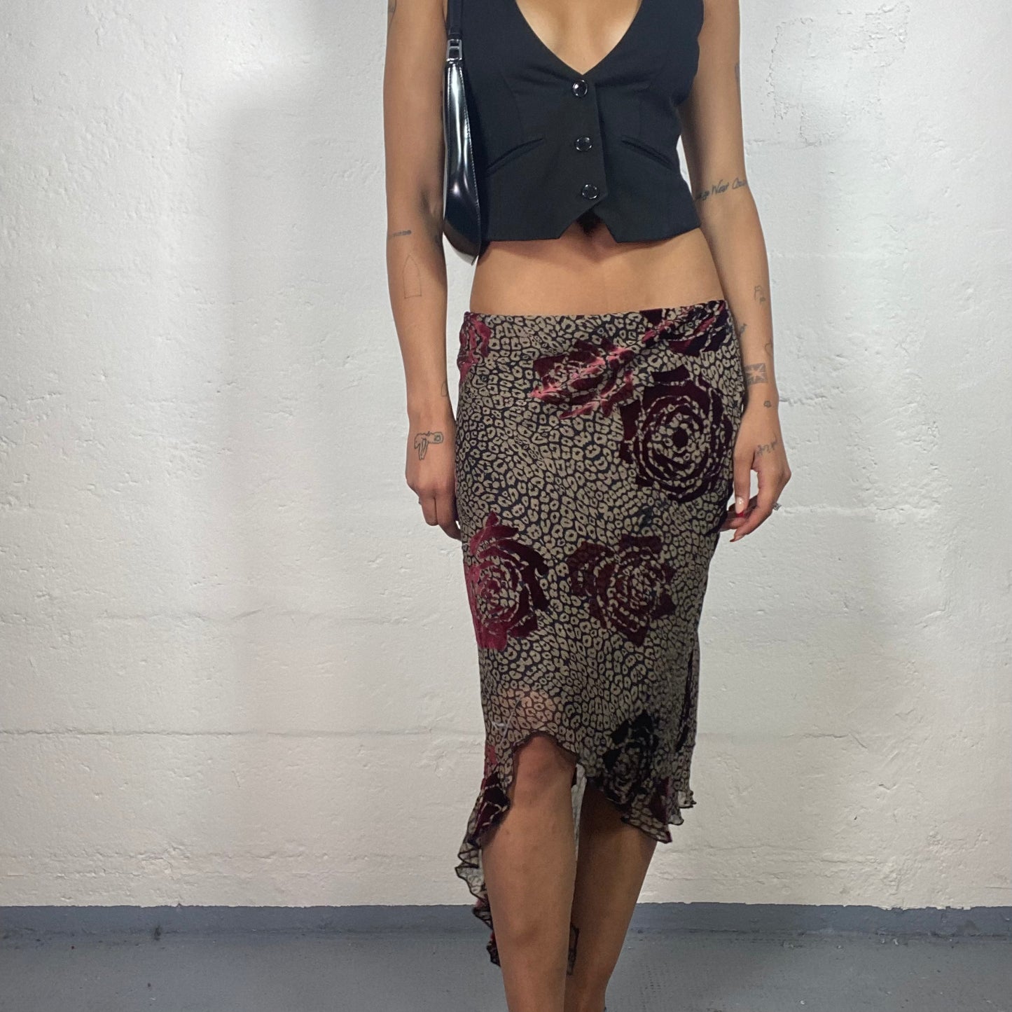 Vintage 2000's Romantic Boho Girl Brown Toned Chiffon Asymmetric Tr Roses Print Midi Skirt (M)