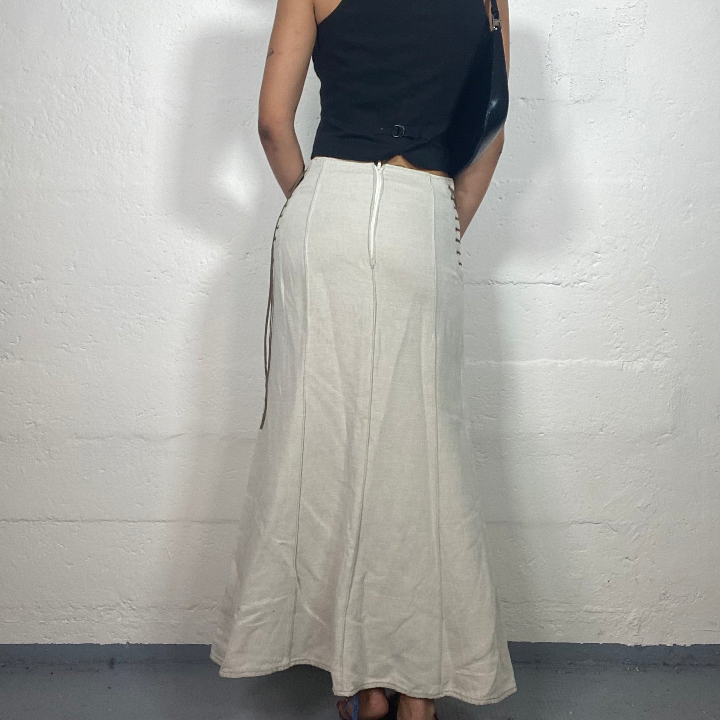 Vintage 2000's Cowgirl Maxi Beige Skirt with Brown Side Lace Ups (S)