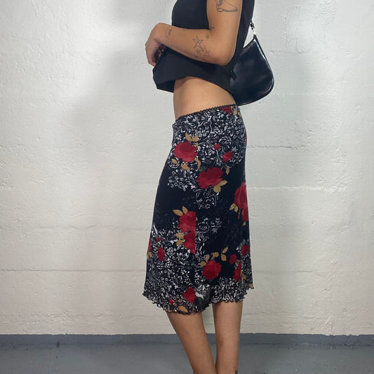 Vintage 2000's Romantic Black Chiffon Midi Skirt with Red Roses and White Details Print (M)