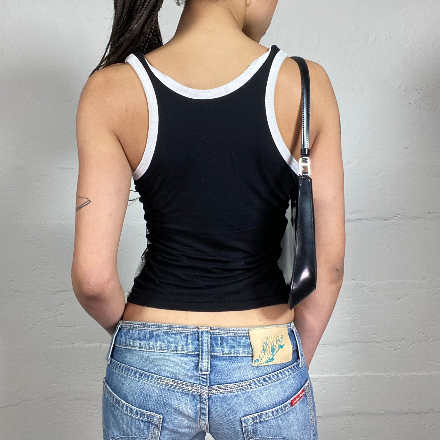 Vintage 2000’s Sporty Hip-Hop Black and White Zip Up Tank Top with Mesh Details and Rhinestones (S)
