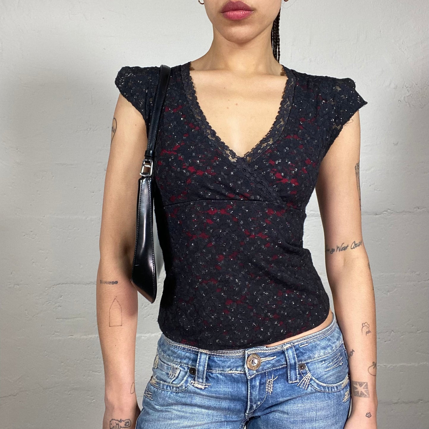 Vintage 2000’s Vamp Girl Lace Covered Black V-Neck Top with Red Accents and Sleeve Cuts (S)