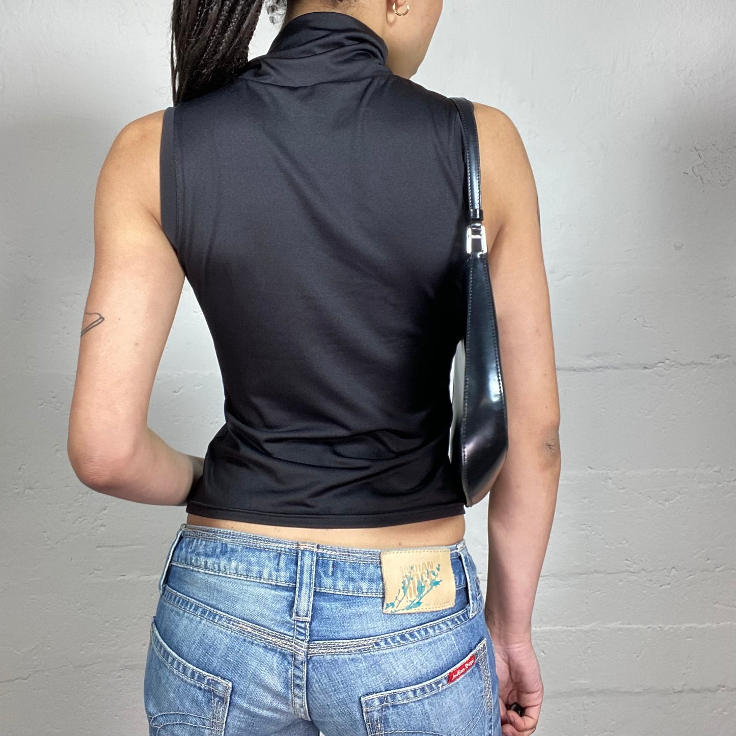 Vintage 2000’s Biker Girl Style Black High Neck Tank Top with Contrast Red Zipper Detail (S)