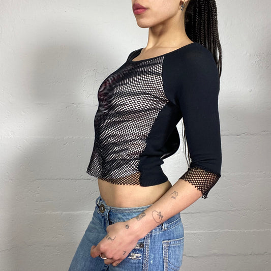 Vintage 2000’s Street Dancing Black 2/4 Sleeve Top with Futuristic Print and Mesh Details (S)