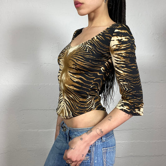 Vintage 2000’s Cheetah Girl Brown and Beige 2/4 Sleeve Animal Print Cropped Top (S)