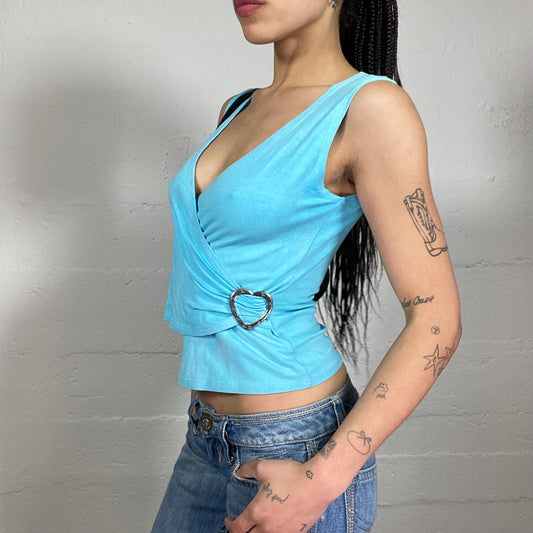 Vintage 2000’s Beach Party Aquamarine Blue Wrapping Effect V-Neck Top with Metal Heart-Shaped Ring Detail (S)