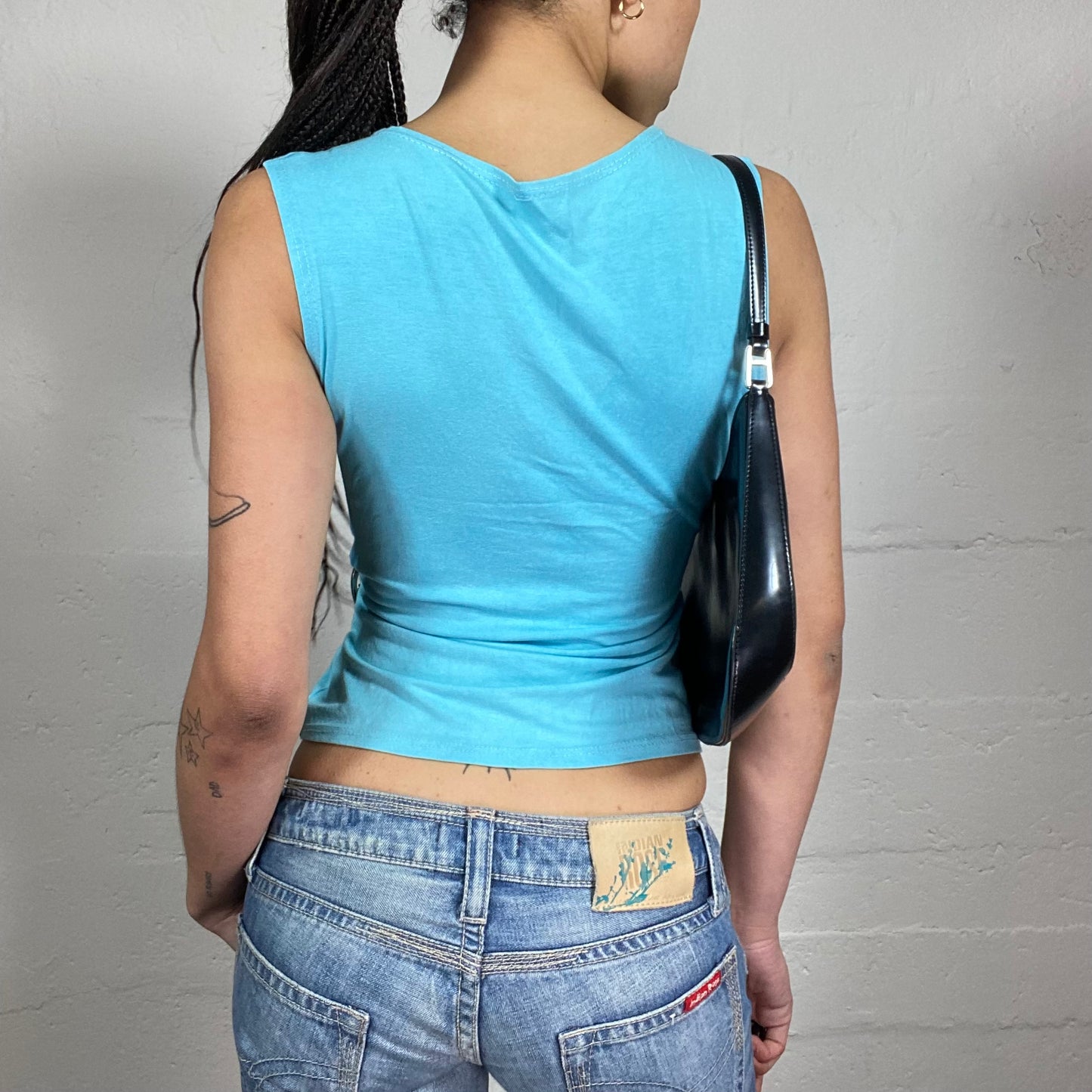 Vintage 2000’s Beach Party Aquamarine Blue Wrapping Effect V-Neck Top with Metal Heart-Shaped Ring Detail (S)