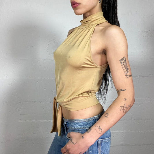 Vintage 2000’s Upper East Side Style Beige Glam Neckholder Top with Bottom Decorative Binding (M)