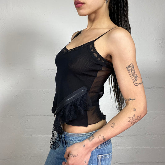 Vintage 2000’s Grunge Clubwear Biker Girl Black See Through Cami Top with Zipper Detail and Lace Trim (M)