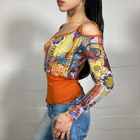 Vintage 2000’s Fun Summer Girl Open Shoulders Orange Layered Longsleeve Top with Funky Floral Multicoloured Print (S)