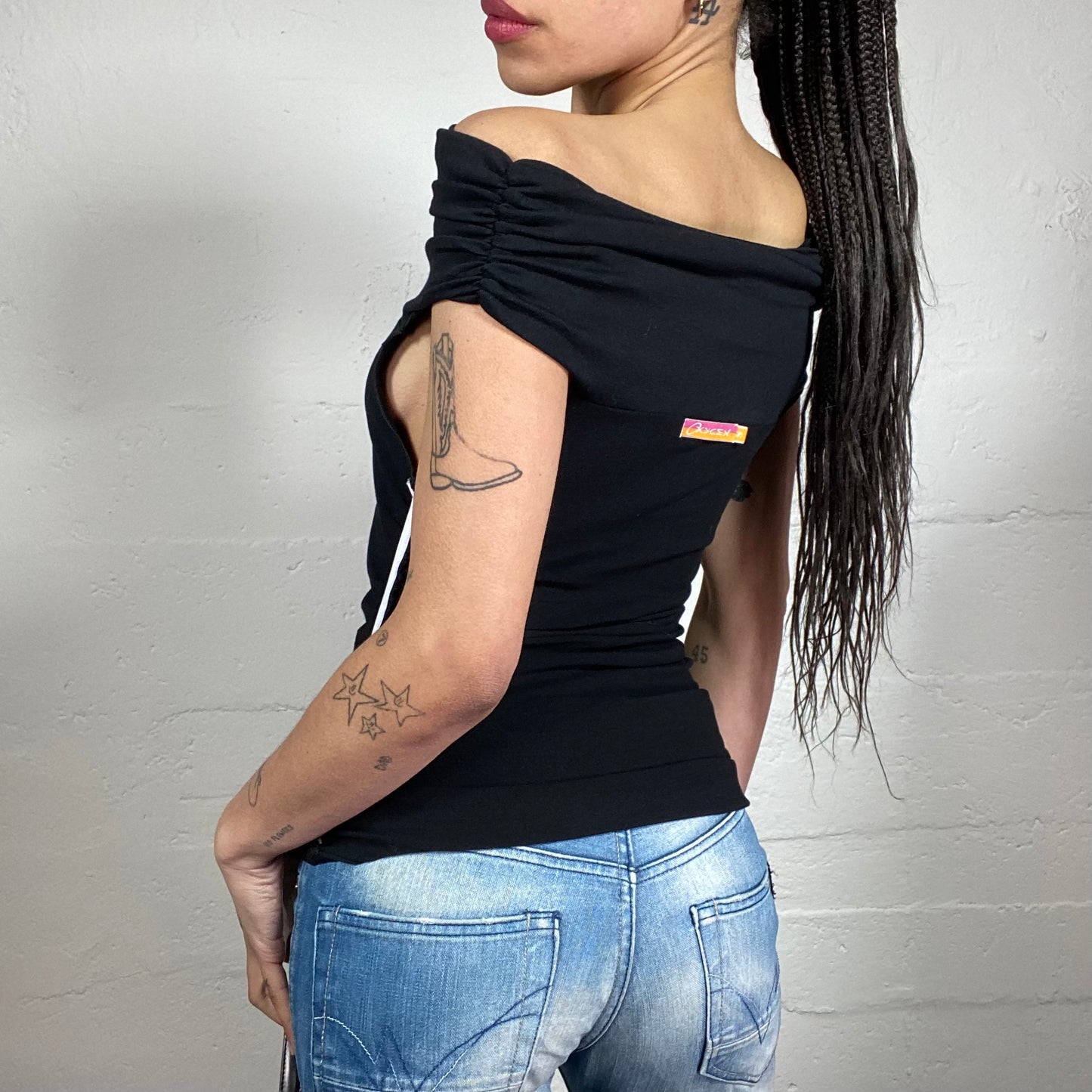 Vintage 2000’s Night Out Black Classy Draped Off Shoulder Top with Contrast White Side Stripes (S)