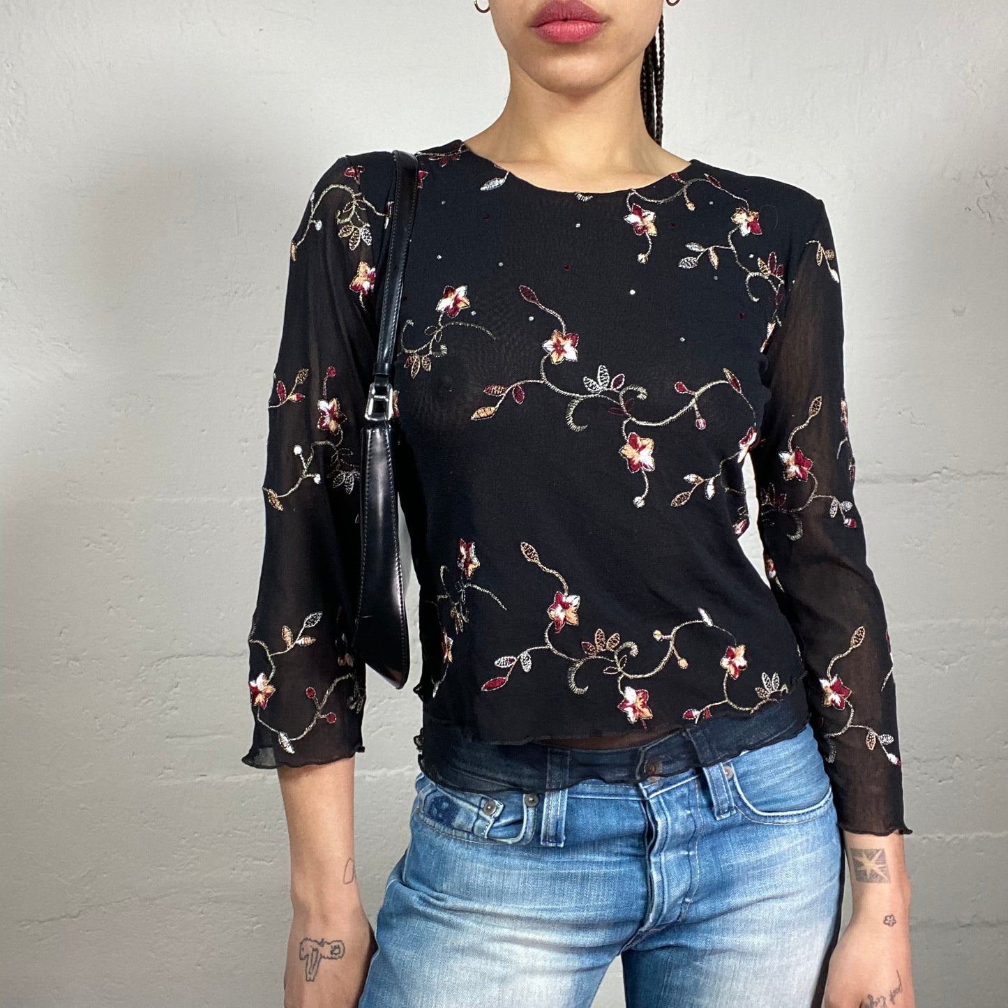 Vintage 2000’s Boho Girl Black See Through 3/4 Sleeve Mesh Top with Floral Embroidery (S)