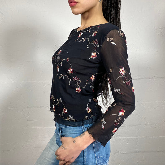 Vintage 2000’s Boho Girl Black See Through 3/4 Sleeve Mesh Top with Floral Embroidery (S)