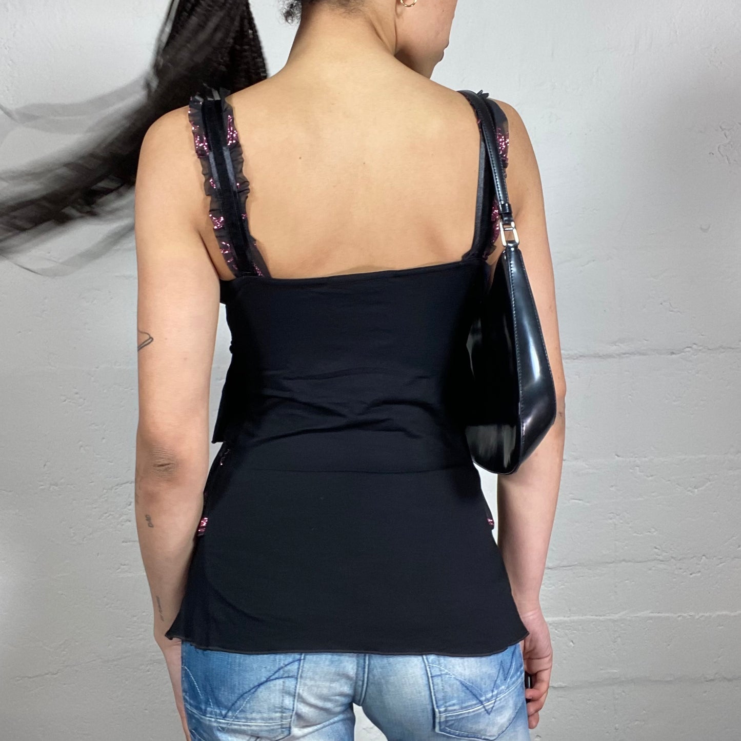 Vintage 2000’s Romantic Ruffled Black Layered Tank Top with Shiny Pink Print and Ruffle Details (M)