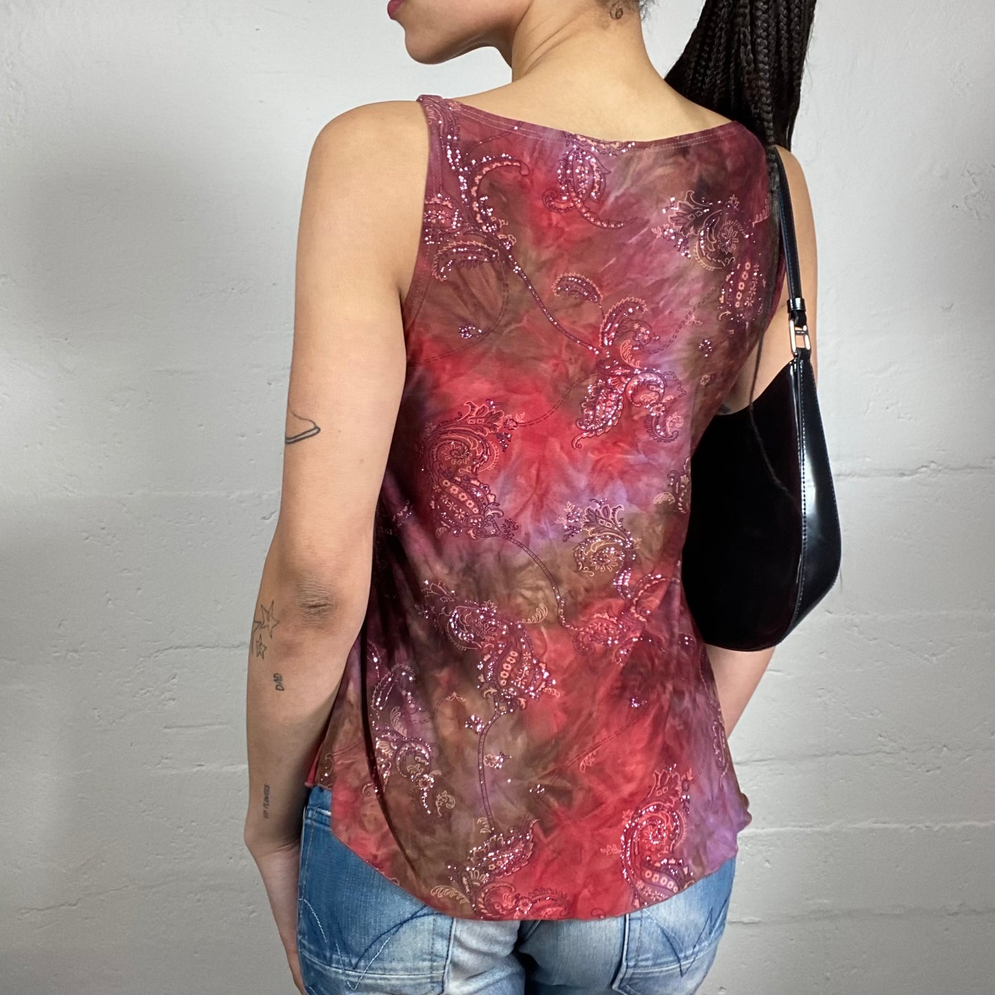 Vintage 2000’s Summer Sunset Asymmetric Multicoloured Chiffon Top with Boho Style Print (M)