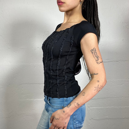 Vintage 2000’s Coquette Off Shoulder Black Top with Ruffled Embroidery (L)