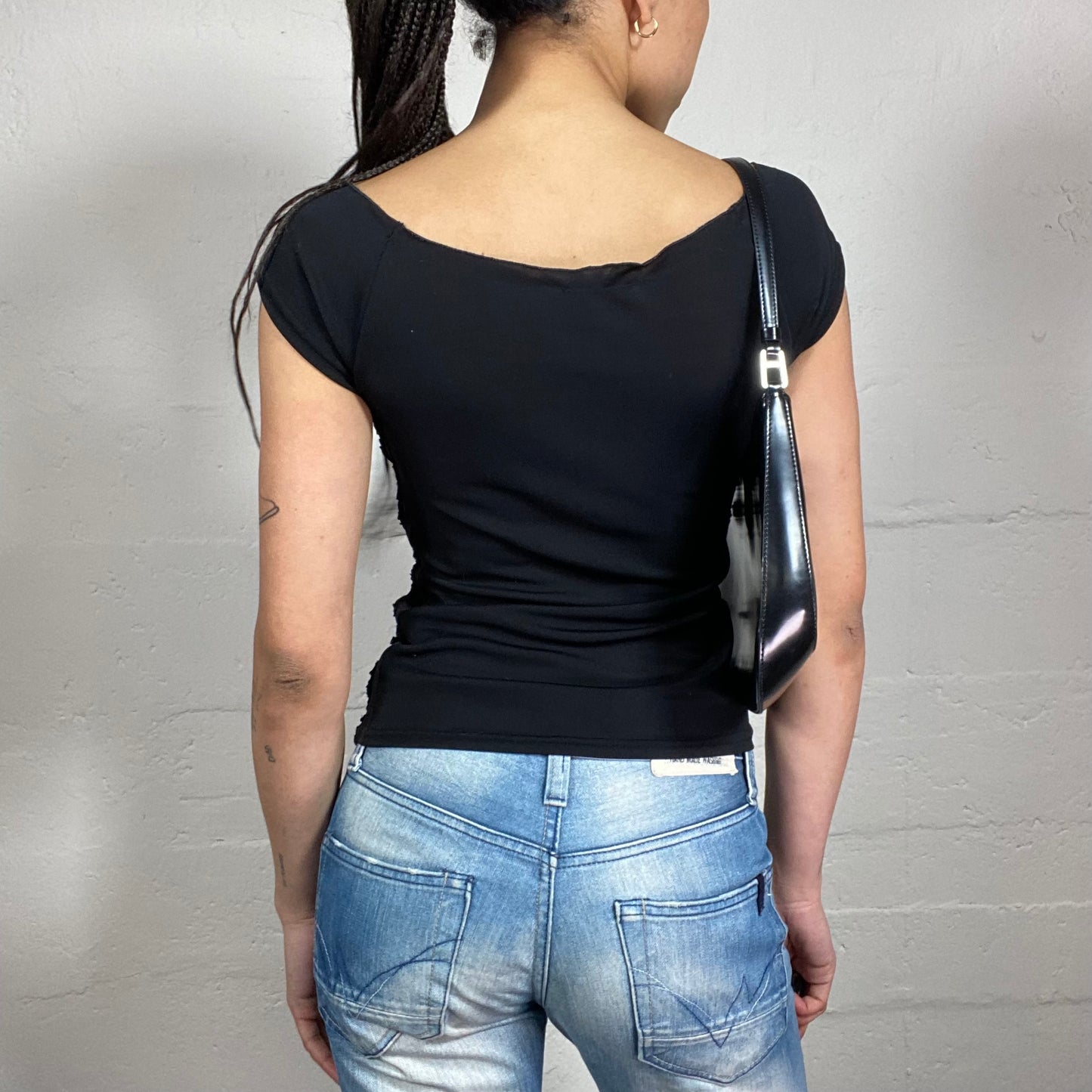 Vintage 2000’s Coquette Off Shoulder Black Top with Ruffled Embroidery (L)