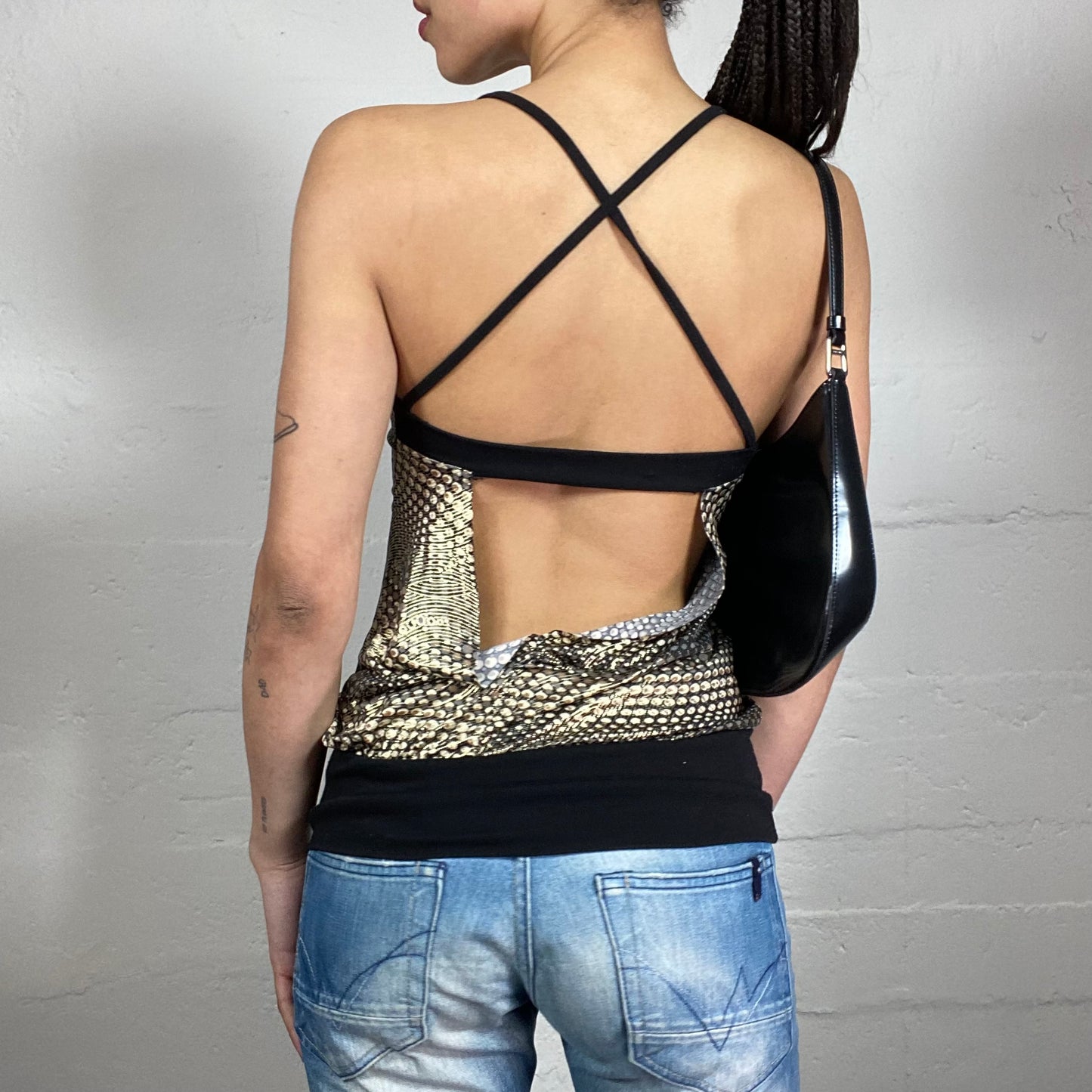Vintage 2000’s Casual Clubwear Draped Futuristic Dot Printed Top with Open Back And Cross Binding (S)