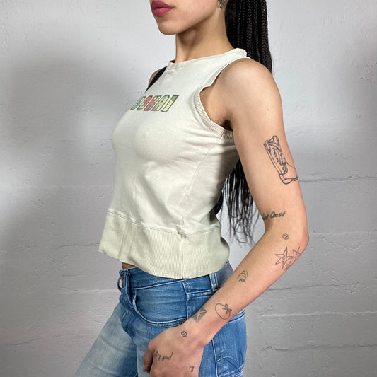 Vintage 2000’s Kookai Beige Jersey Sweatshirt Style Tank Top with Multicoloured Bear Print (M)