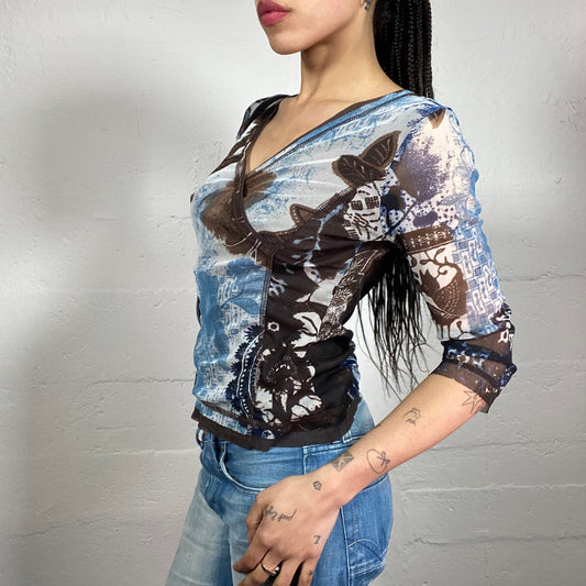 Vintage 2000’s Boho Girl Sky Blue and Brown Printed 3/4 Sleeve Mesh Wrap Up Top (S)