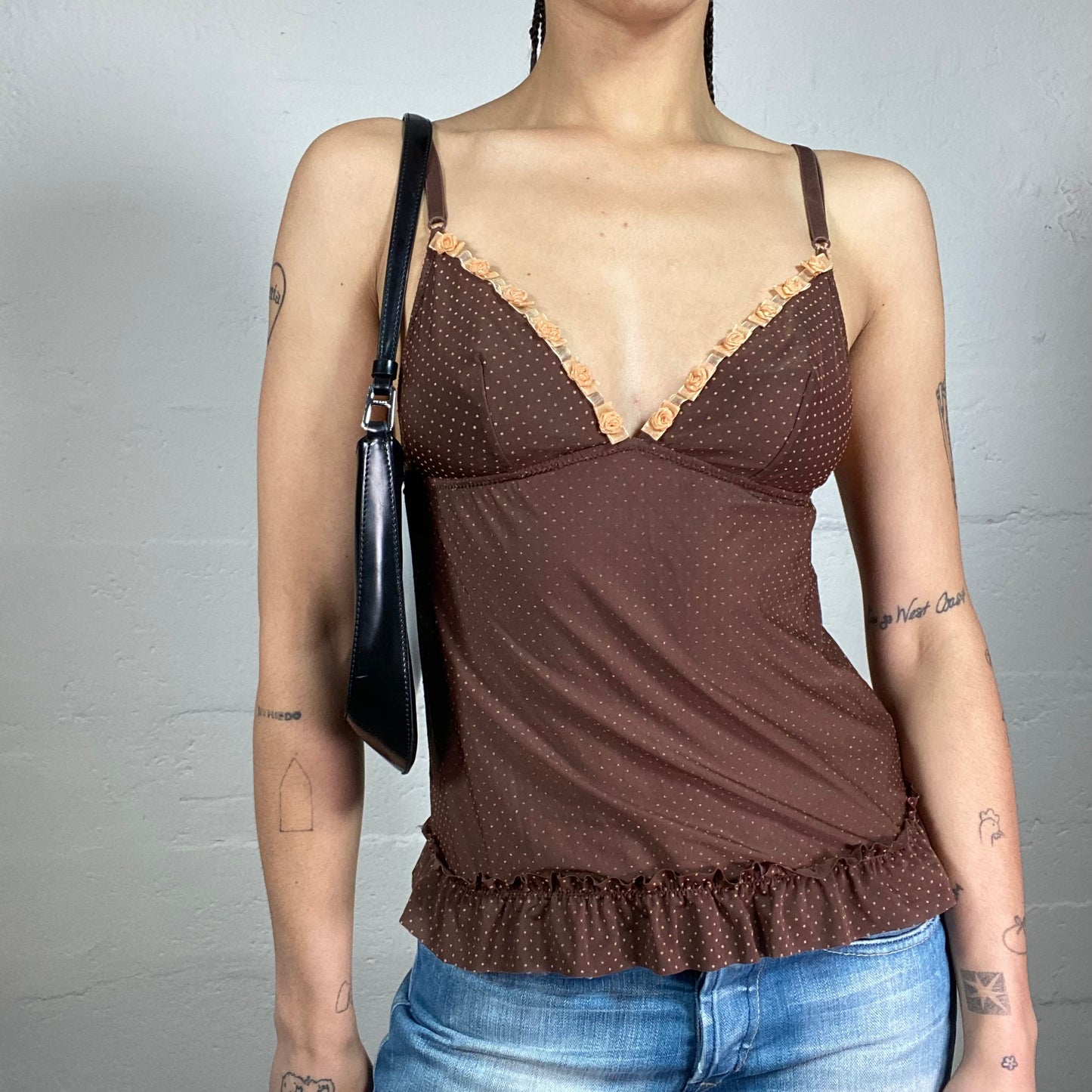 Vintage 2000’s Coquette Brown Mini Polka Dot Printed Cami Top with Floral Embroidery Trim and Bottom Ruffles (S)