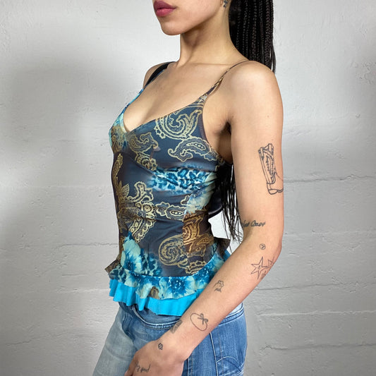 Vintage 2000’s Boho Girl Aquamarine Blue Abstract Printed Cami Top with Bottom Ruffles (S)