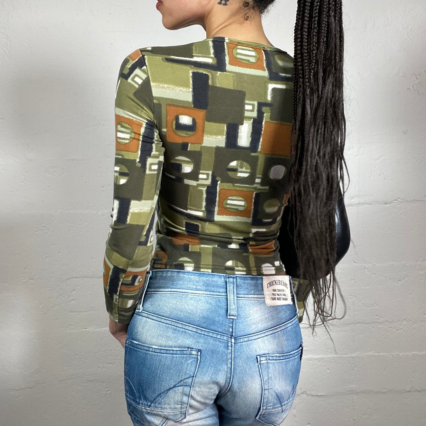 Vintage 2000’s Downtown Girl Green 3/4 Sleeve Geometric Print Too with Orange Accents (S)