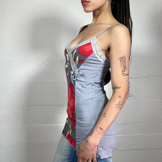 Vintage 2000’s Beach Party Grey and Red Wrap Up Effect Long Cami Top with Floral Print and Lace Trim (S)