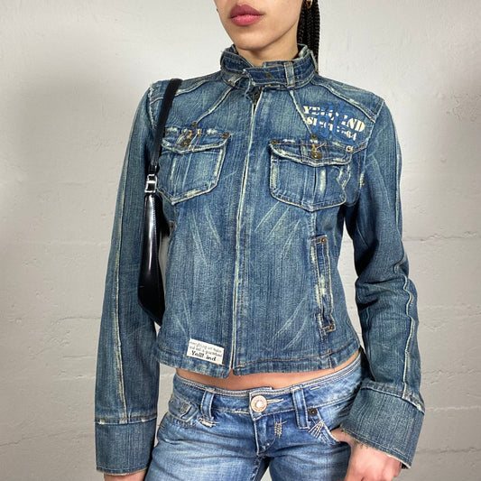Vintage 2000’s Biker Girl Zip Up High Neck Washed Off Denim Motojacket with Neck Belt and Pocket Details (S)
