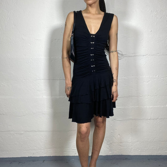 Vintage 2000’s Morgan Vamp Girl Black Low Waisted Draped Dress with Middle Lace Up and Layering Ruffles (XS)