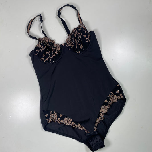 Vintage 2000’s Coquette Lingerie Black Bodysuit with Beige Boho Style Embroidery (M)