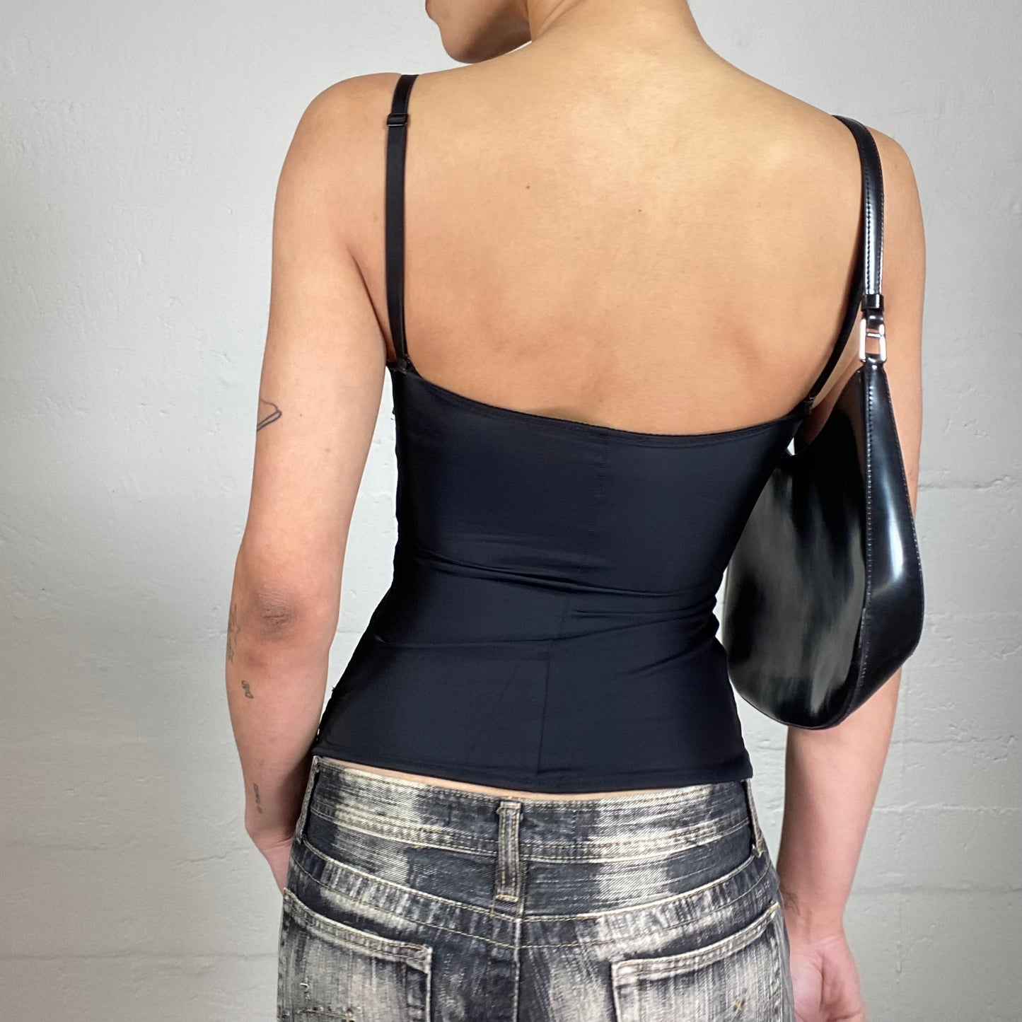 Vintage 2000's Night Out Elegant Midnight Black Shiny Striped Corset Style Top with Sequins Decorated Bra Line (S)