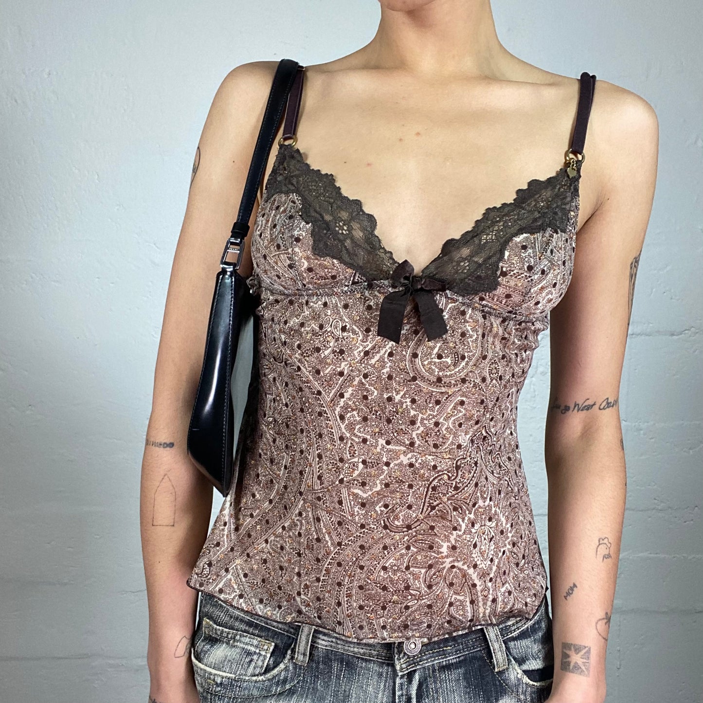 Vintage 2000's Dark Romance Boho Style and Polka Dot Printed Cami Top with Lace Decorated Bra (S)