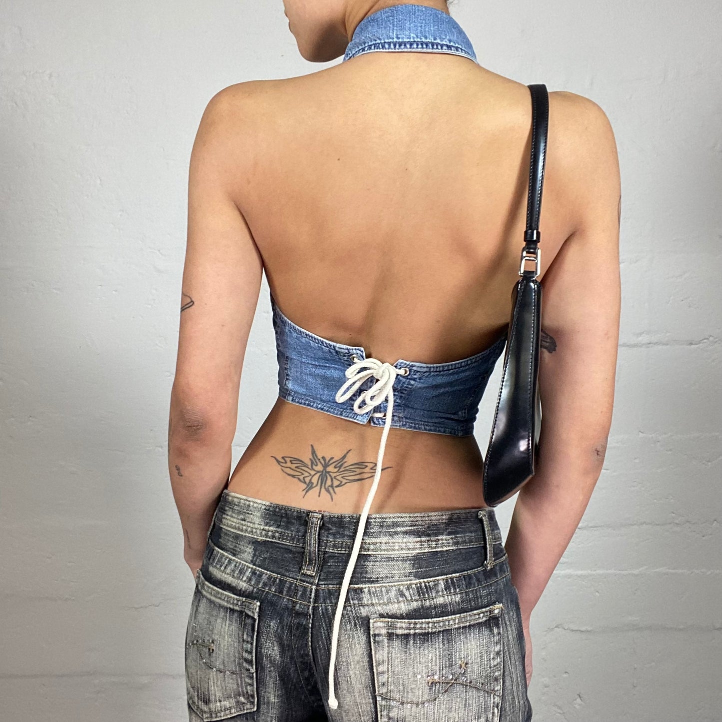 Vintage 2000's Streetdance Denim Zip Up Neckholder Top with Lace Up Back Detail (S)