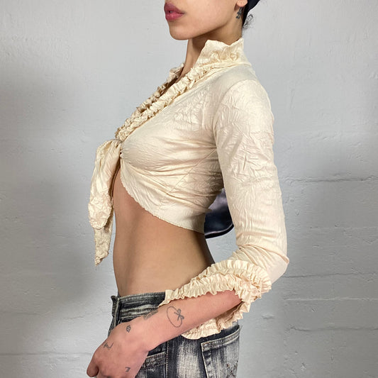 Vintage 2000's Romantic Baroque Cream Textered Silky Cropped Wrapped Top with Multiple Ruffles (S)