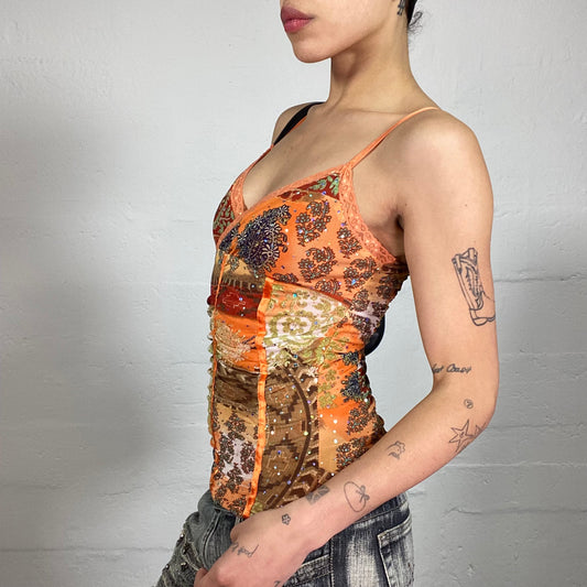 Vintage 2000's Sunny Day Orange Boho Style Printed Cami Top with Lace Trim and Rhinestone Decor (S)