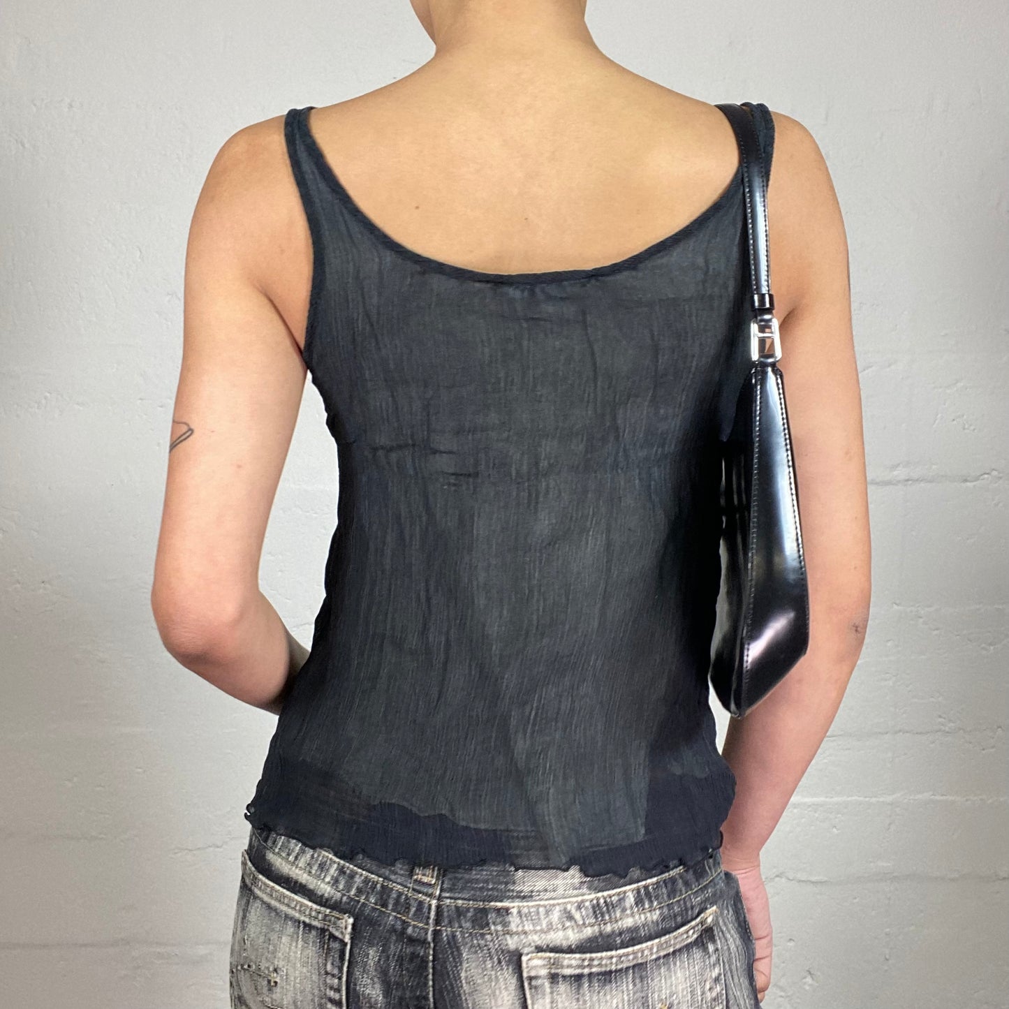 Vintage 2000's Blumarine Glam Date Midnight Black Textured Mesh Tank Top with Black Jewellery Embroidery and Silver Rings (S)