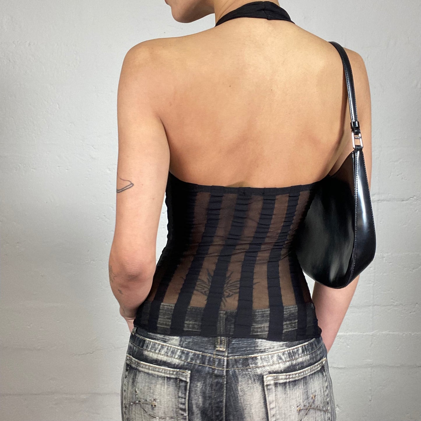 Vintage 2000's Bella Hadid Style Black Half See-Through Striped Neckholder Top with Ribbon Effect Bra (S)