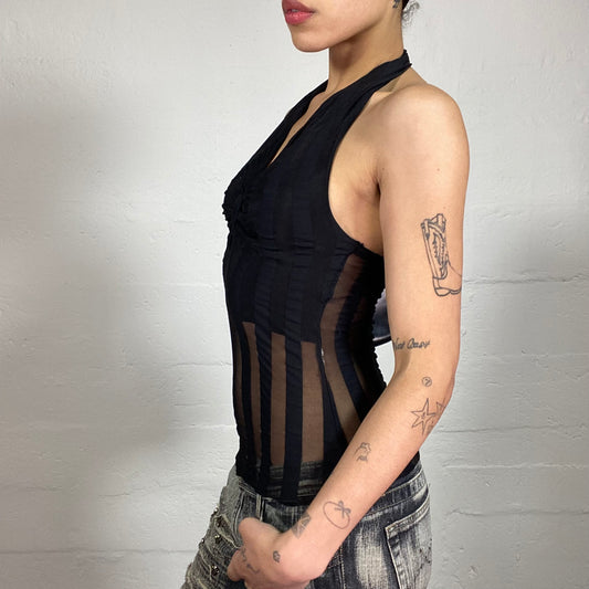 Vintage 2000's Bella Hadid Style Black Half See-Through Striped Neckholder Top with Ribbon Effect Bra (S)