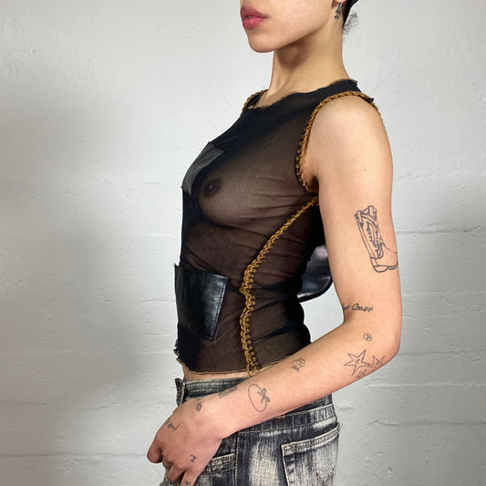 Vintage 2000's Grunge Biker Girl Black Mesh See-Through Tank Top with Leather Patches and Yellow Crochet Decorative Seems (S)
