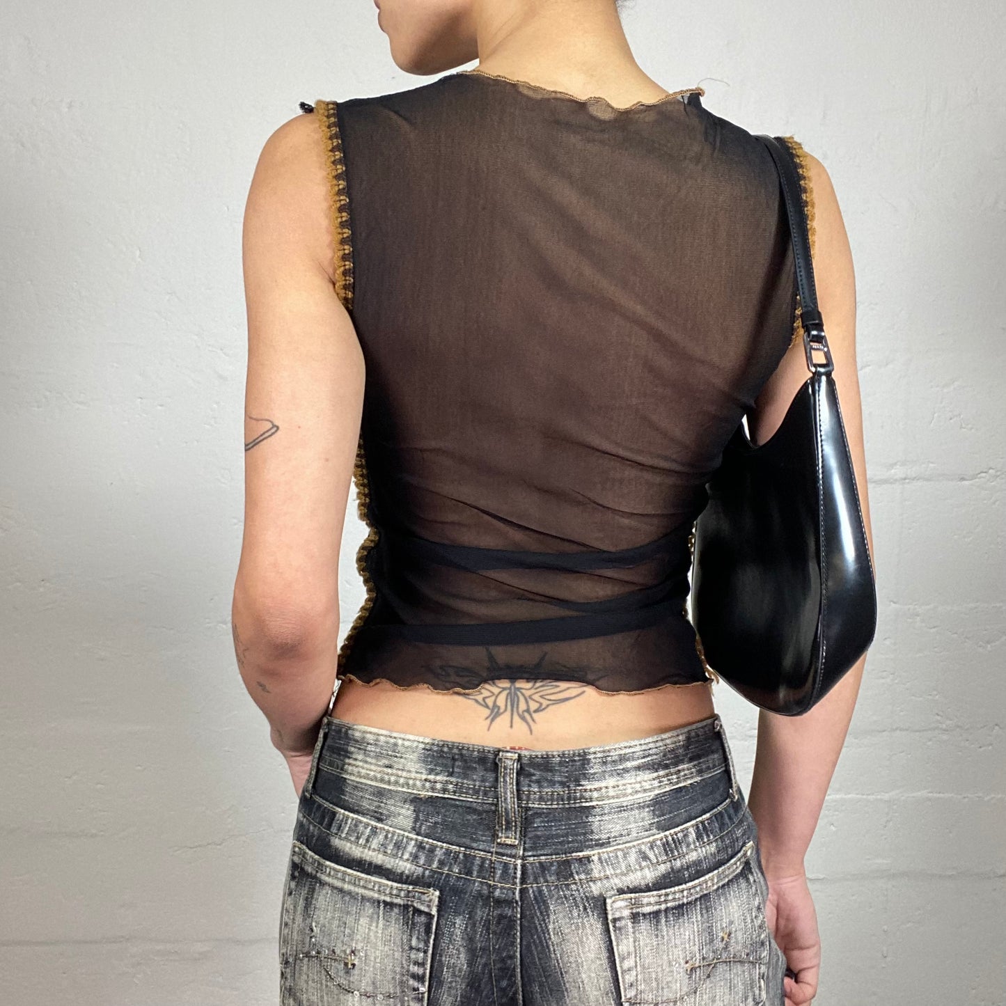 Vintage 2000's Grunge Biker Girl Black Mesh See-Through Tank Top with Leather Patches and Yellow Crochet Decorative Seems (S)