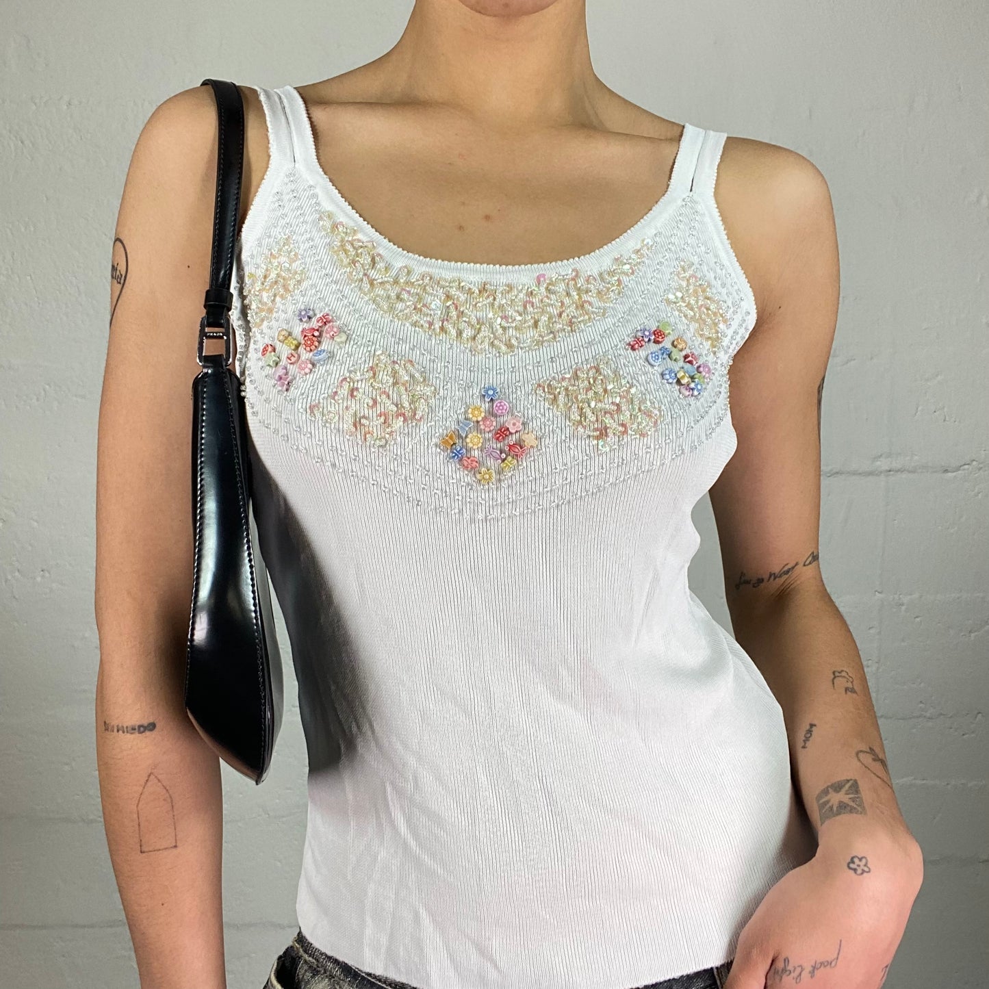 Vintage 2000's Downtown Girl White Jersey Tank Top with Fun Detailed Embroidery (XL/XXL)