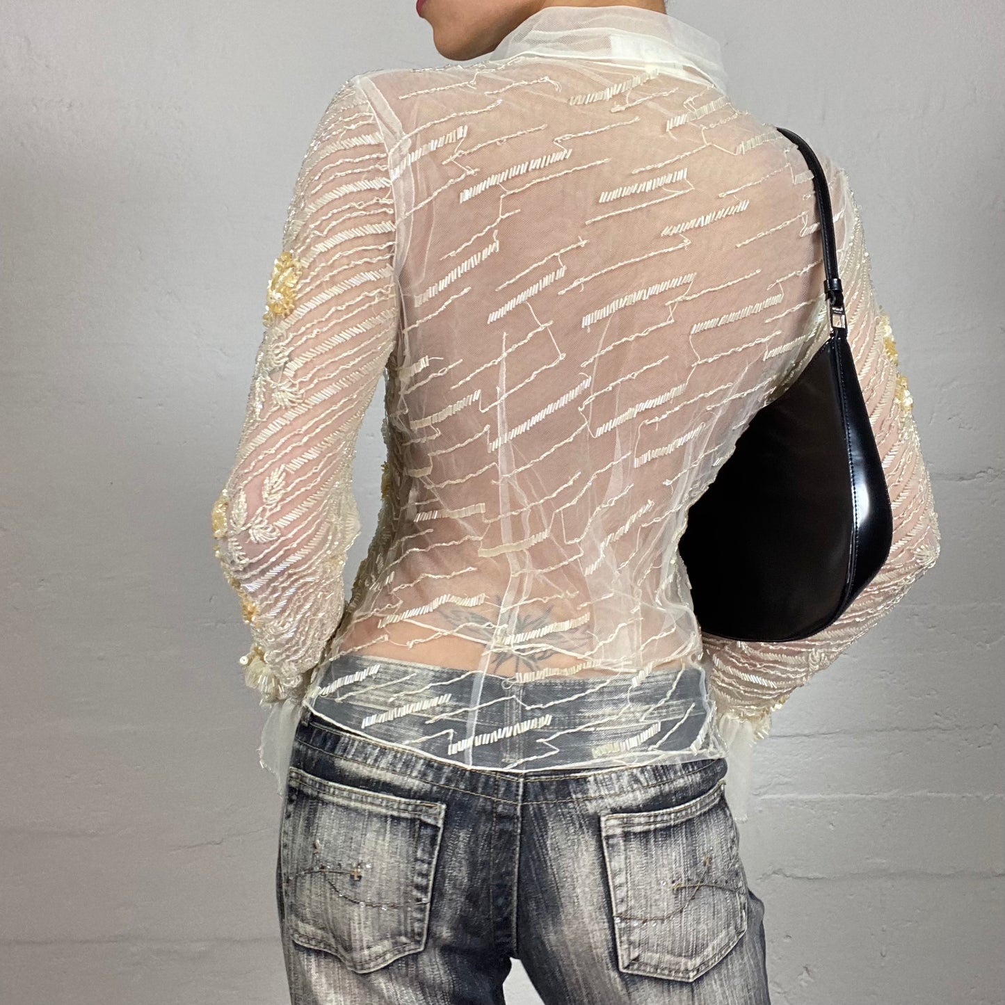 Vintage 2000's Romantic White Mesh Longsleeve Button Up Shirt with Multiple Yellow and White Embroidery (M)
