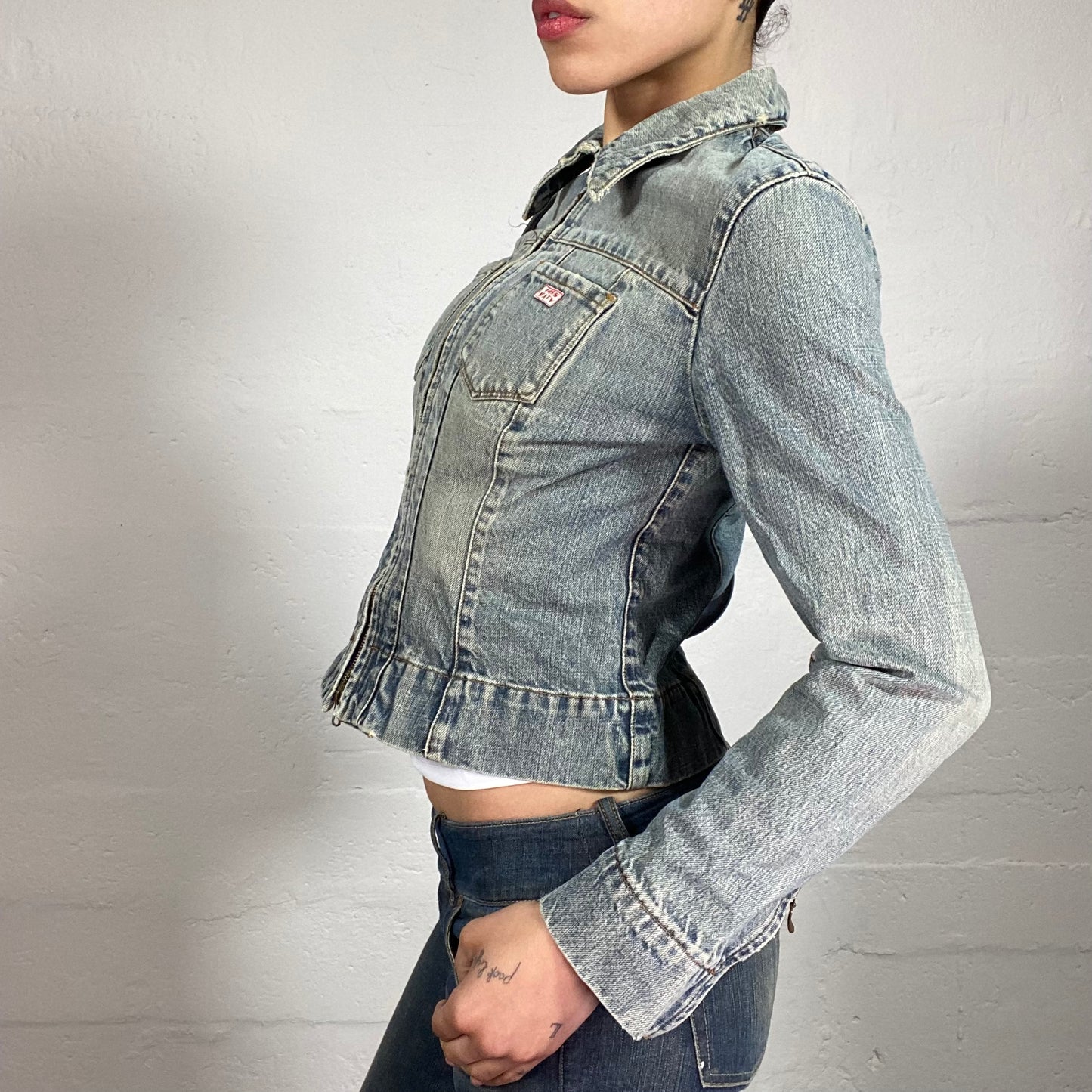 Vintage 2000's Miss Sixty Downtown Girl Washed Out Denim Slim Fit Zip Up Jacket (M)