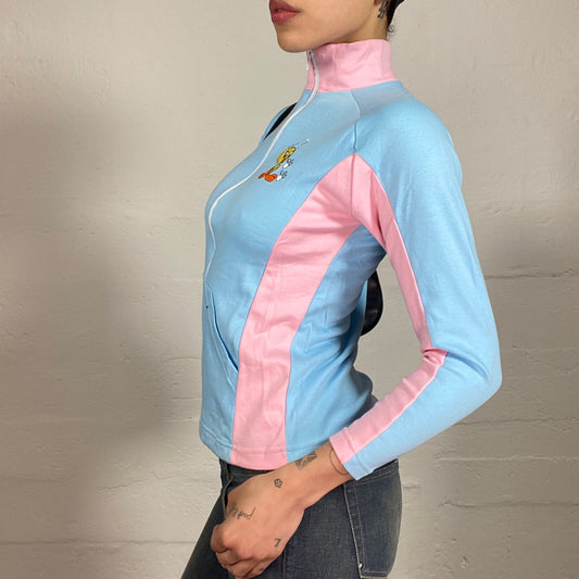 Vintage 2000's Candy Style Baby Blue and Pink Zip Up Pullover with Cartoon Embroidery Print (S)