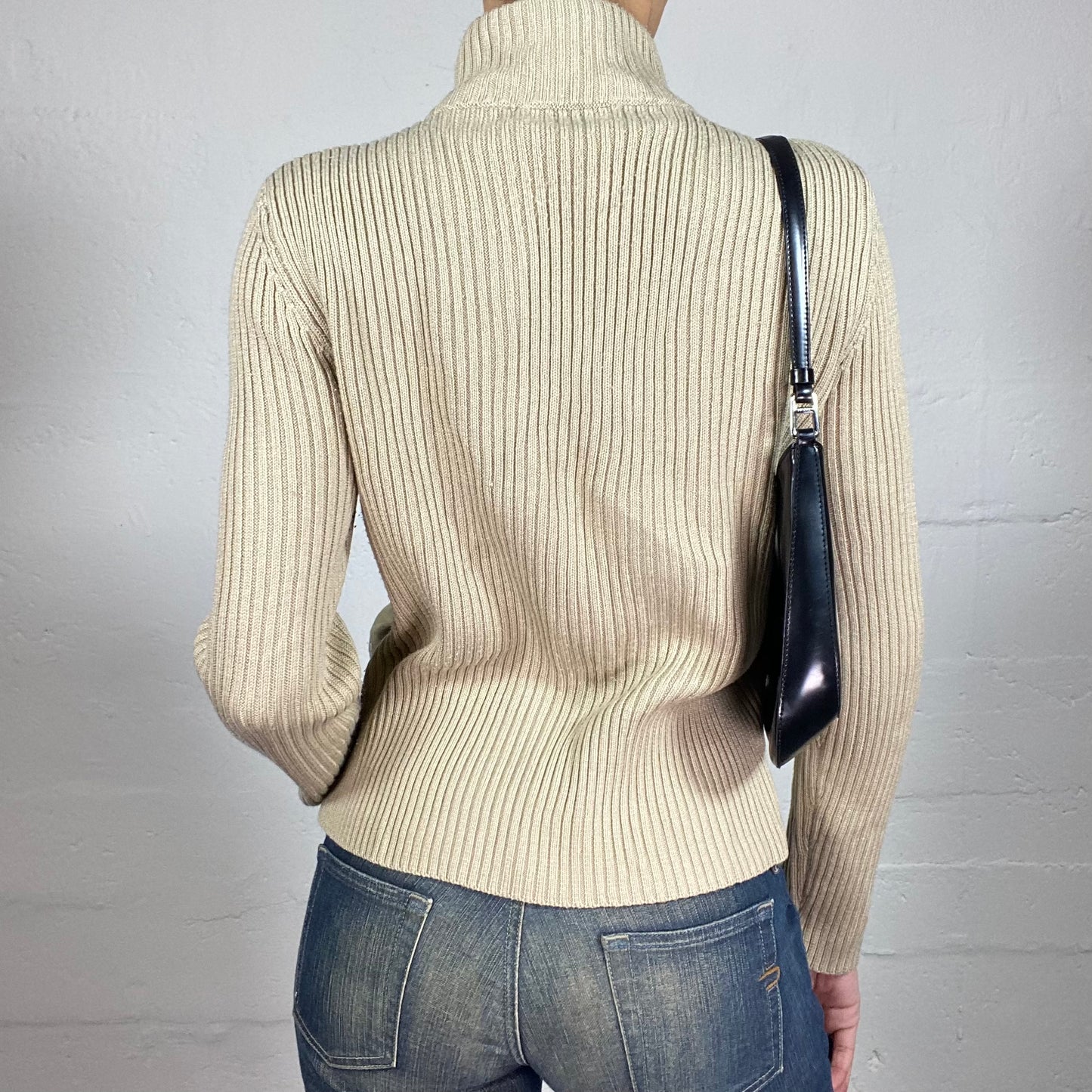 Vintage 2000's Downtown Girl Beige Striped Knitted Zip Up Pullover (M)