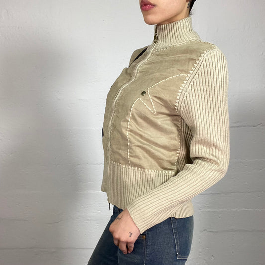Vintage 2000's Downtown Girl Beige Striped Knitted Zip Up Pullover (M)