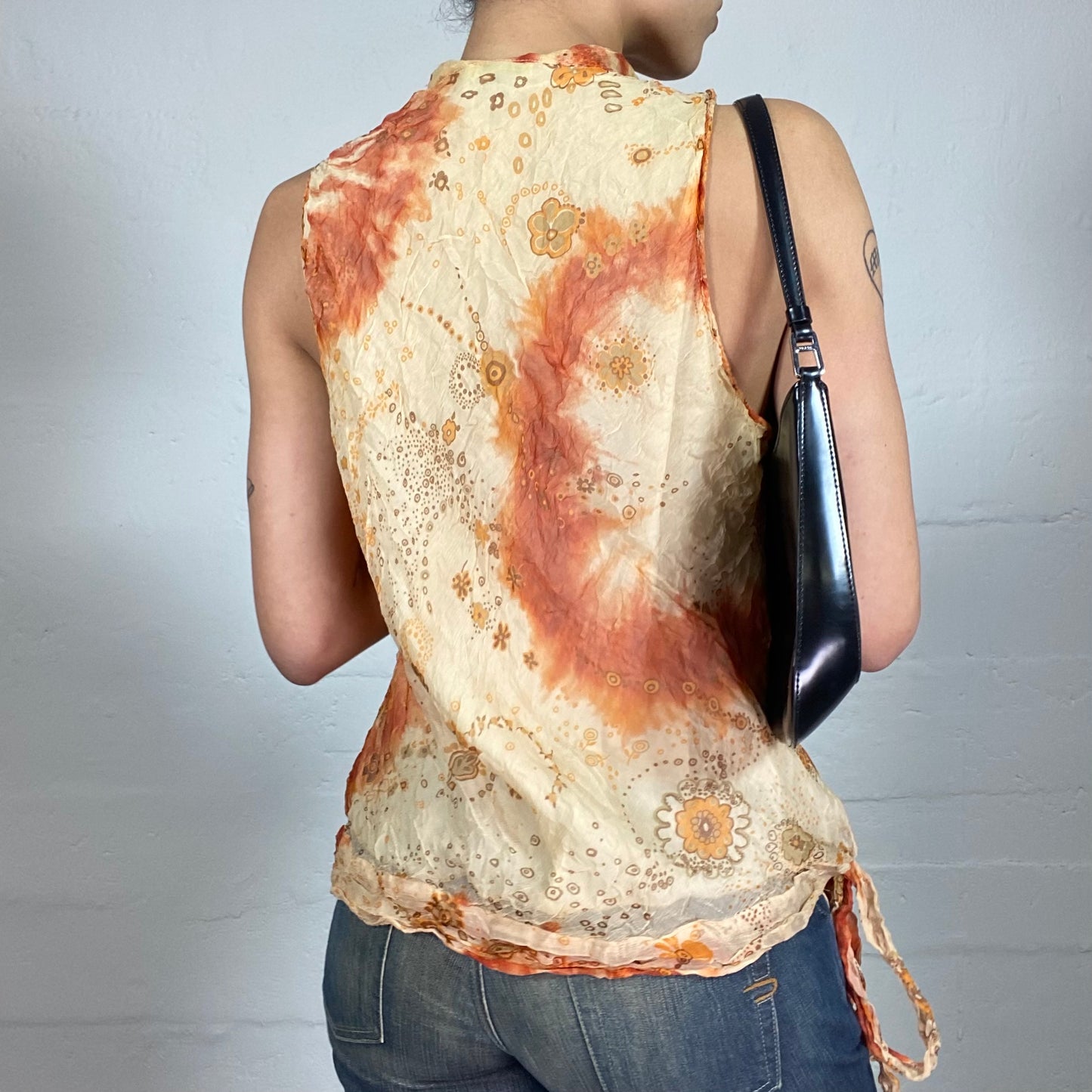 Vintage 2000's Soft Summer Girl Silk Textured Orange and Beige Printed Top (XL)