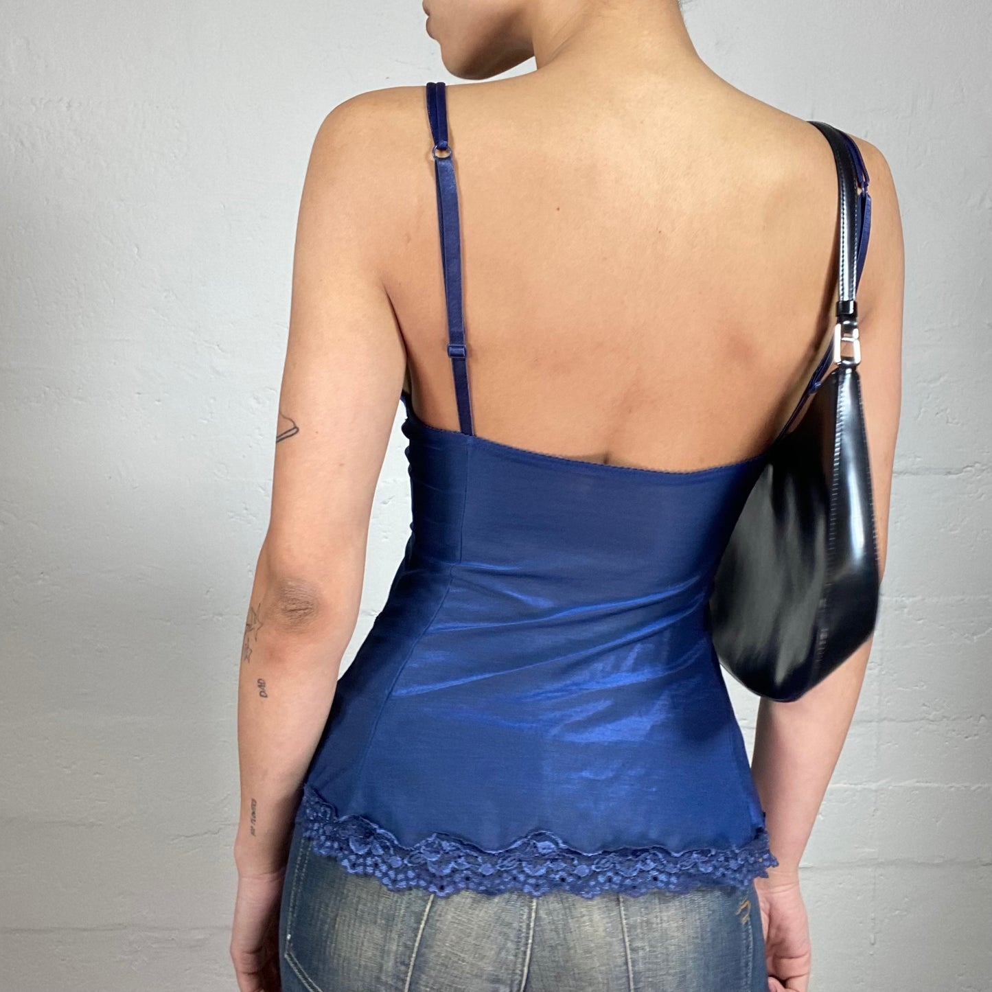 Vintage 2000's Coquette Blue Romantic Cami Top with Lace Decor and Rhinestone Embroidery (S)