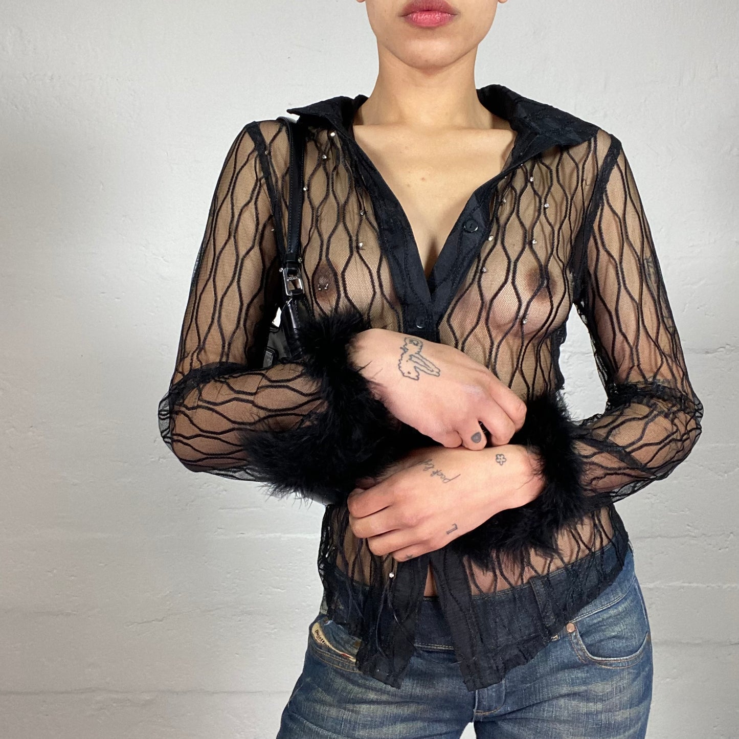 Vintage 2000's Glamorous Party Black Mesh See-Through Button Up Short with Faux Fur Sleeve Decor (M)