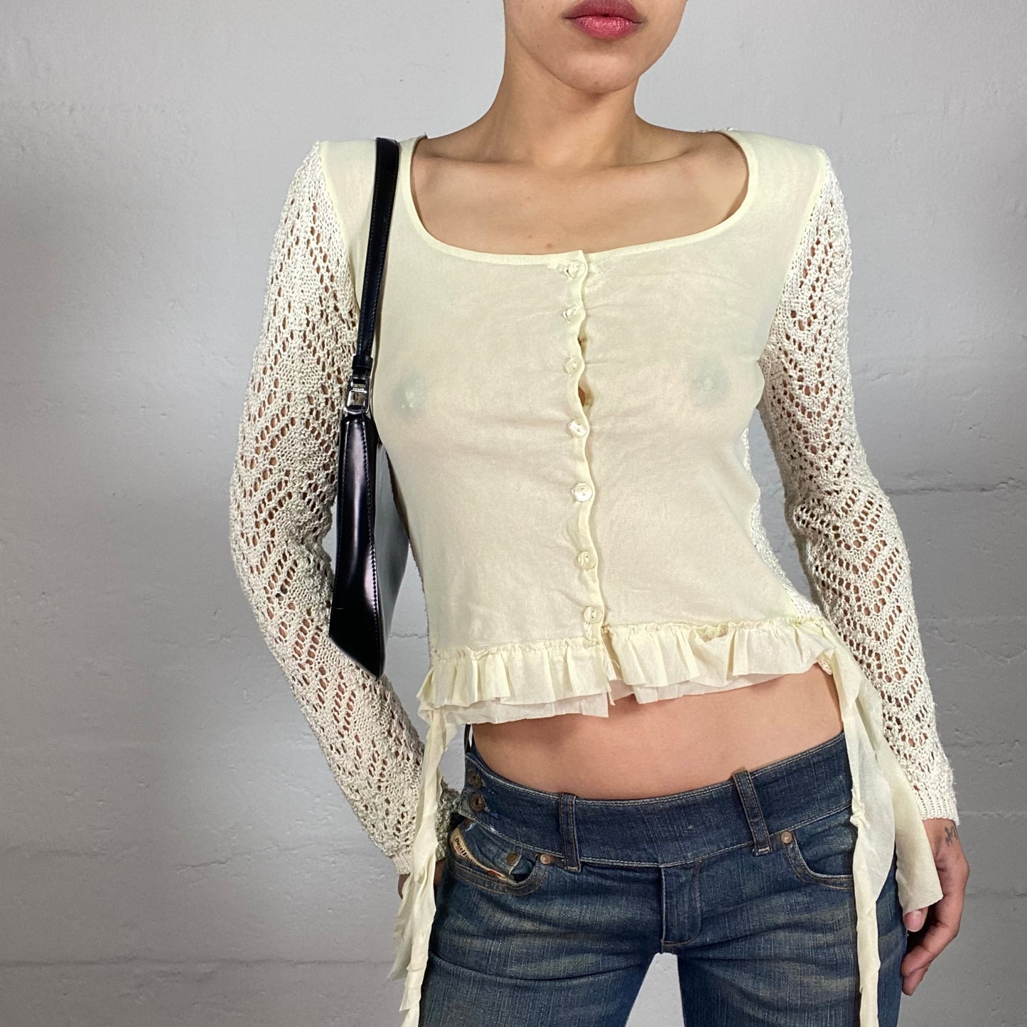 Vintage 2000's Soft Girl Crochet Milky Cardigan Button Up Top with Ruffle Details (S)